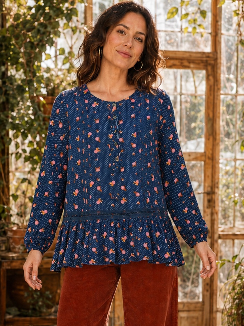 Matilda Jane Floral Polka Dot Peplum Blouse Medium Navy Blue Boho Cottagecore